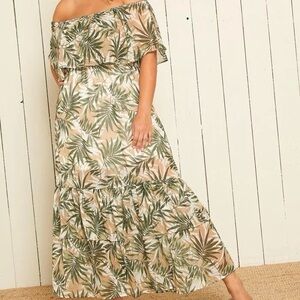 NWOT Asoph Plus Size Off-The-Shoulder Leaf Print Maxi Dress in Olive Green 2XL